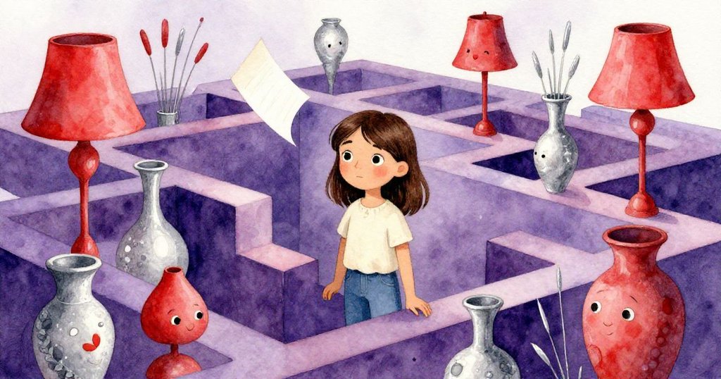 Nadia置身於變形的室內空間中，桌上燈、花瓶和蘆葦交織成奇幻迷宮，紙條在夢幻光影中飄動，表情充滿驚異。