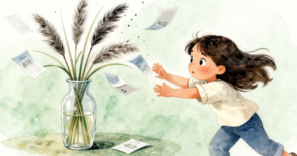 Nadia不慎碰到玻璃花瓶，蘆葦搖曳擊打燈臂，藍灰色傳單紛紛掉落，室內動態瞬間充滿意外緊張。