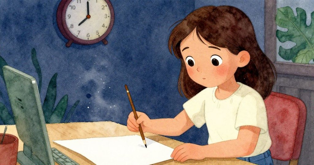 Nadia專注地用細蘆葦固定紙條，隨風漂浮的塵埃向窗邊滴答時鐘飄去，臉上展現出平靜與滿足。