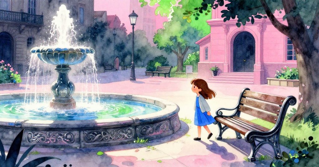 Zelda穿著藍色連衣裙，在晨光中走向石凳，旁邊有噴泉與晨霧，表情充滿期待與和煦光線。