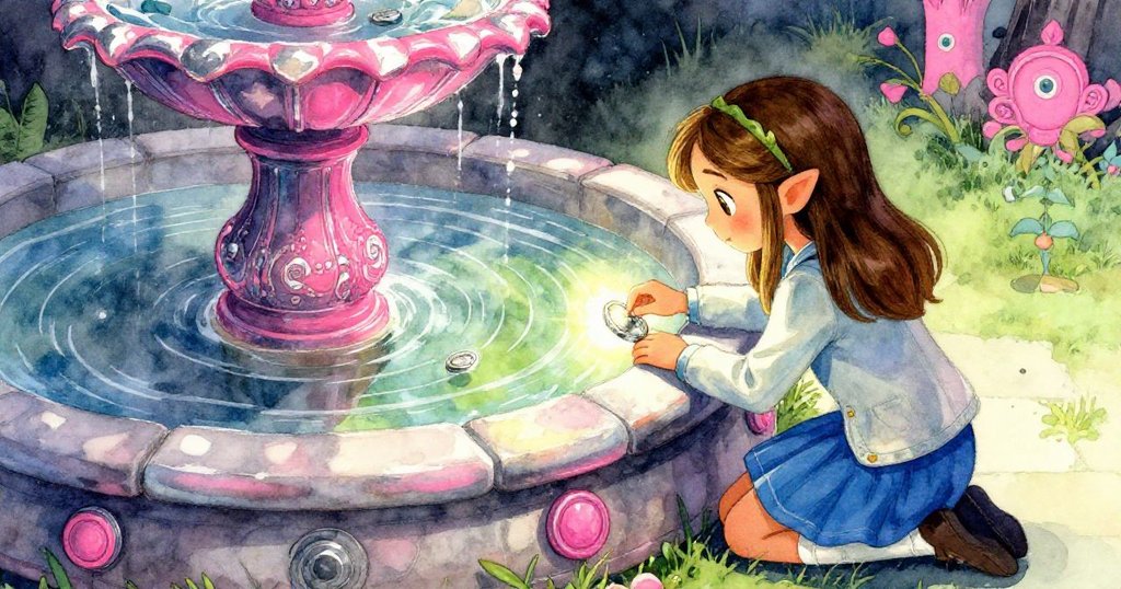 從背後看，Zelda伏在噴泉邊緣專注描繪硬幣的紋路，光影交織出神秘橢圓反光，展現好奇與專注。