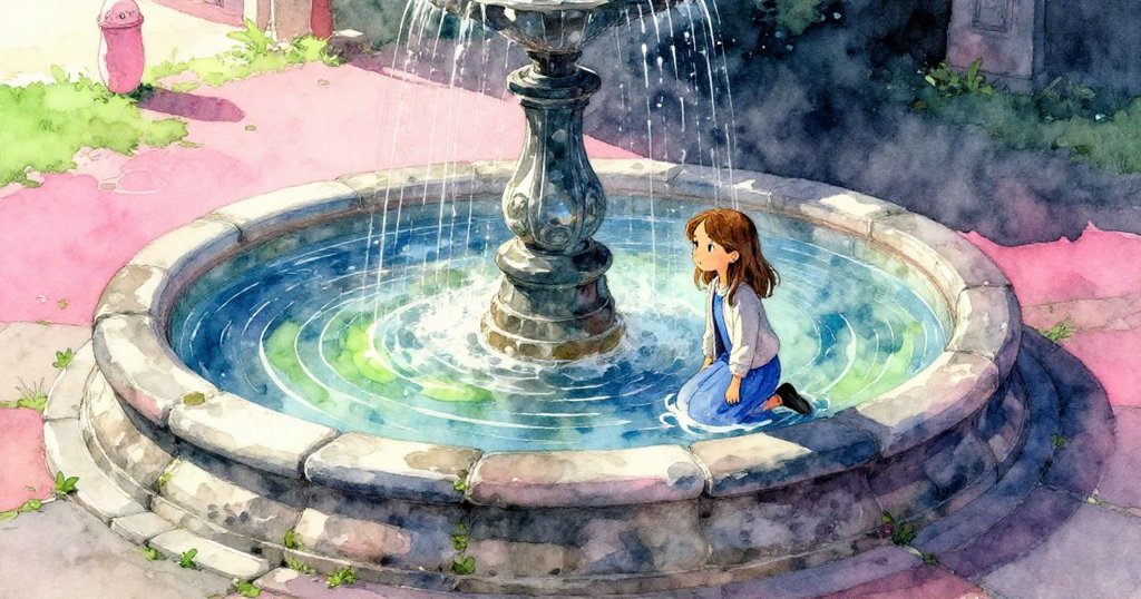 高處視角下，Zelda跪在噴泉石邊，光明與暗影交錯，展現出自然與藝術完美融合的場景，充滿專注情懷。