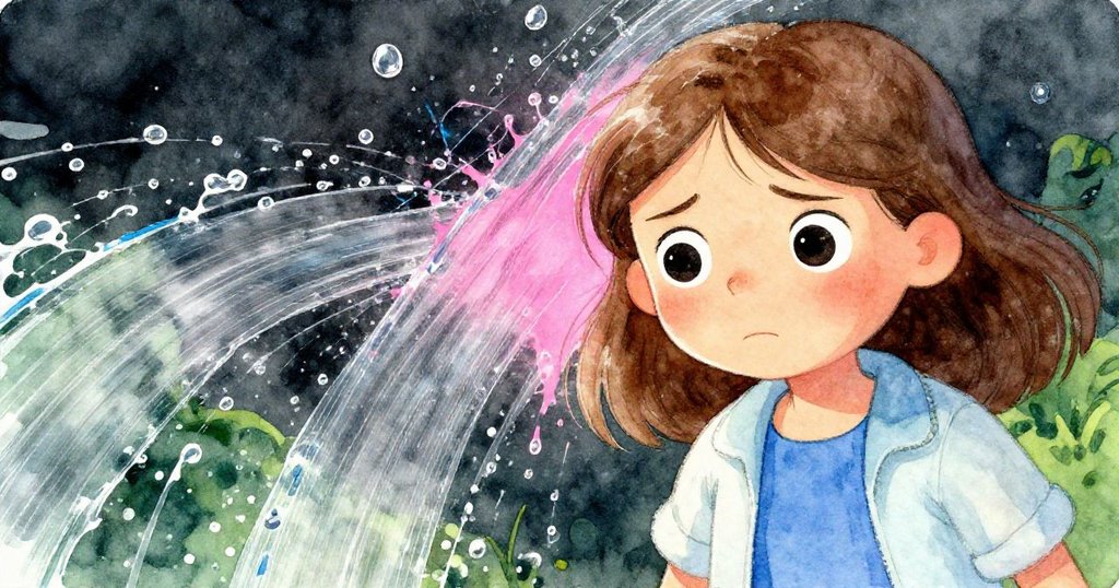 Zelda面露緊張與決心，近鏡頭捕捉濺起的水花干擾她的描圖，水流與筆觸交錯營造出激烈而專注的情境。