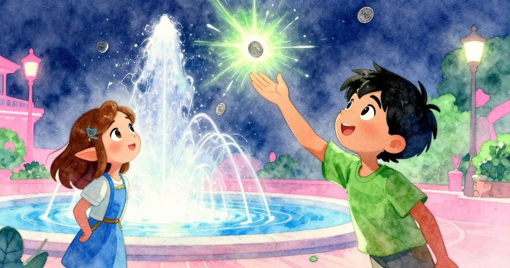 Amos在光亮入口輕拋硬幣，Zelda注視著他的動作，兩人共同見證噴泉旁希望與新起點的美好融合。