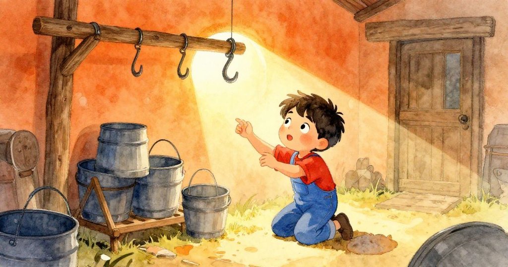 山姆蹲在農場上，仔細檢查暴露的桿木，動作中流露出好奇且急切的神情，背景有散落的灰燼與鄉村景色。