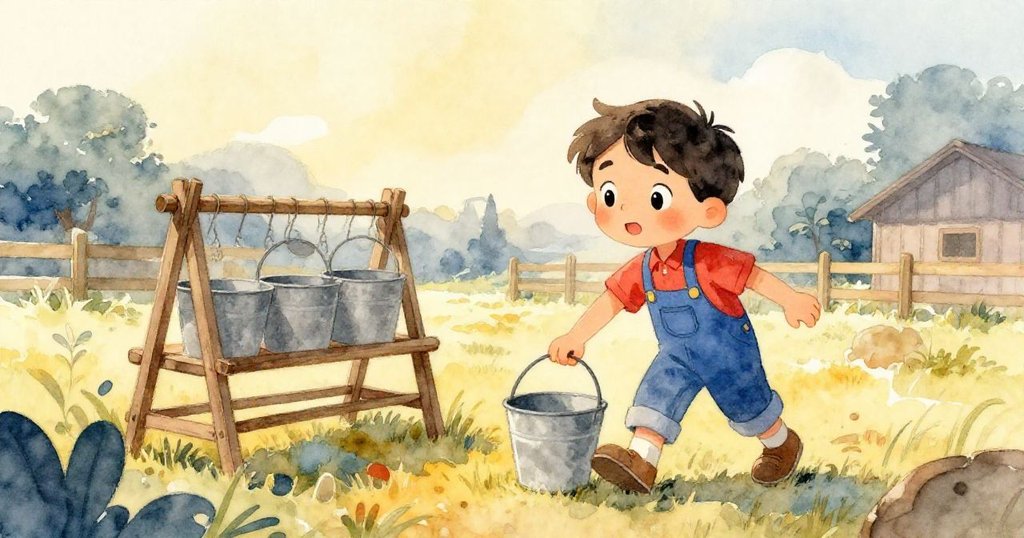 山姆輕柔地將空桶掛回架上，秋日下午的金色光線與輕拂的微風營造出溫馨豐收的農場景色，神情滿足。