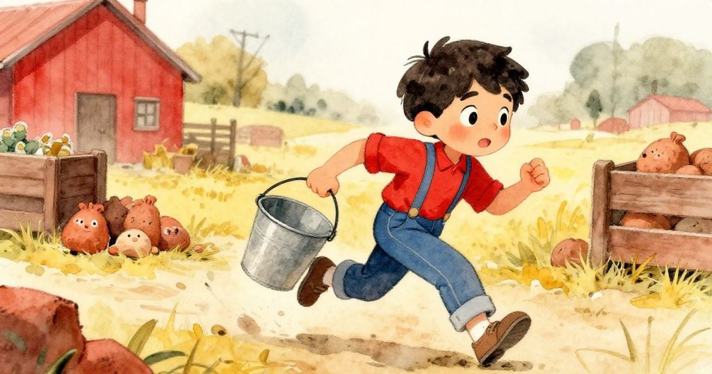 山姆急速奔跑穿越農場，手中抱著空桶和黏土包，背景模糊顯示出運動的急迫感，神情果斷而充滿活力。