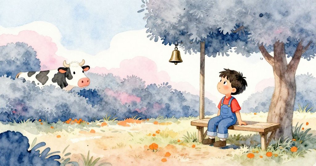 山姆坐在觀察長椅上，靜靜傾聽遠處牛鈴聲，旁邊隱約露出一頭牛，農場恢復平靜，神情滿足溫馨。