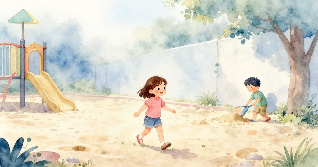 喬伊在晨霧中走進沙坑,她充滿好奇與決心,弗雷澤在旁邊挖沙,一起開啟夢幻城堡冒險。