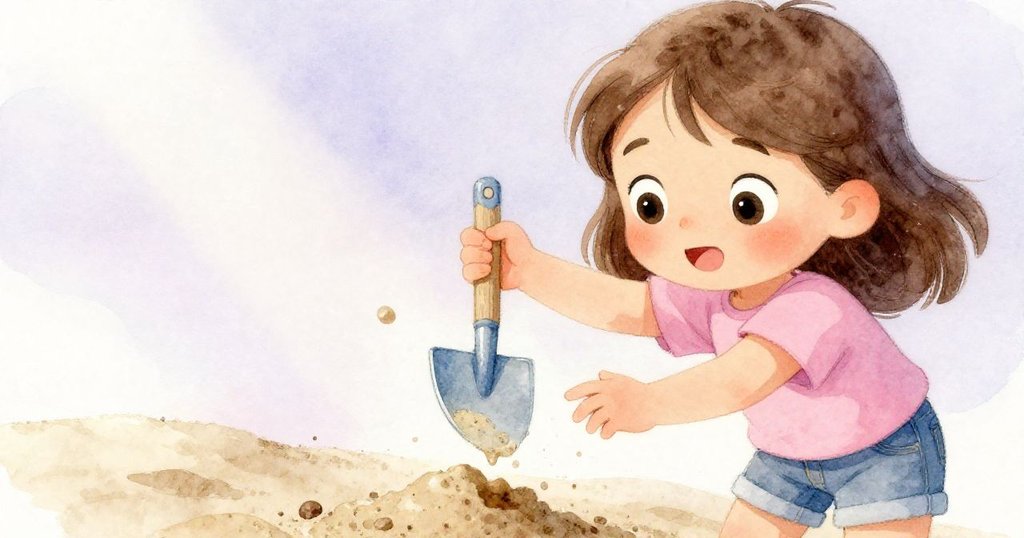 喬伊聚精會神地檢查著粘沙塊,她用手輕觸藍鏟,面帶專注表情,在明亮沙坑中探索質感。