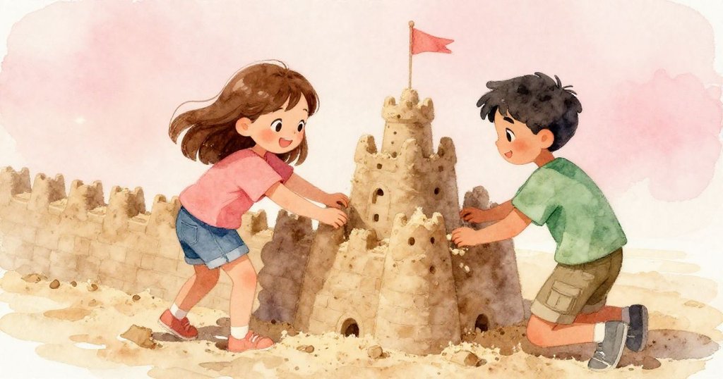 喬伊與弗雷澤在溫暖琥珀色回憶中共同凝望沙堡牆,感受創意與堅持交織的魔幻時刻。