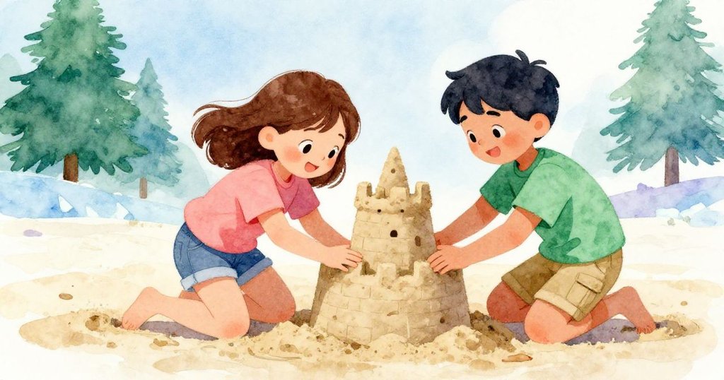 喬伊與弗雷澤開心合作建造沙堡尖塔,他們同步揮動鏟子和手動作,展現團隊精神和創意樂趣。