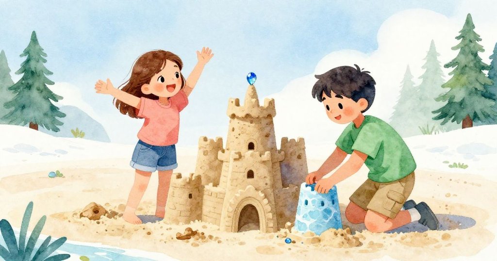 喬伊將閃亮藍寶石穩放在沙堡最高處,弗雷澤在旁堅固地填補沙土,他們自豪地站在陽光下迎向新冒險。