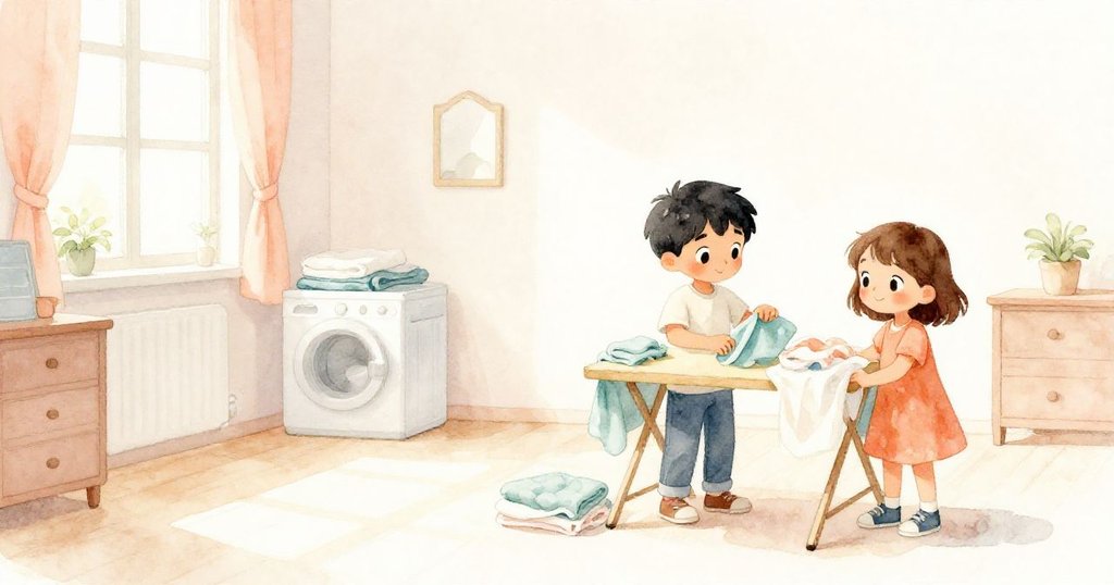 哈里斯和奧莉芙在充滿家居物品的房間裡忙著整理衣物，表情專注溫暖，背景有折疊桌與毛巾，營造出忙碌氛圍。