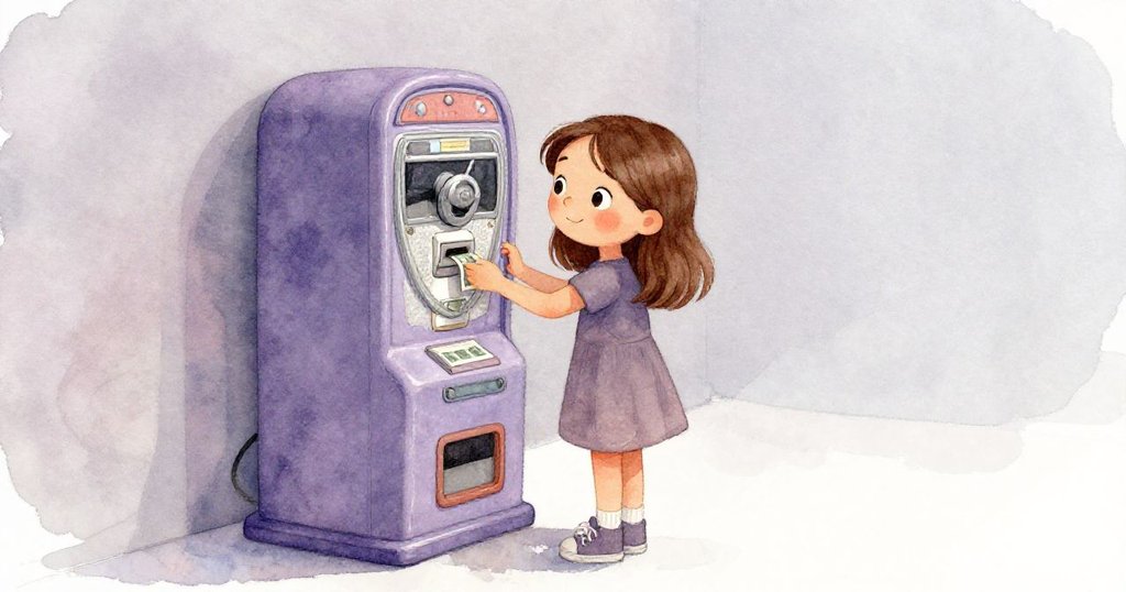 奧莉芙站在空曠角落，小心地把皺巴巴的鈔票投入投幣機，神情專注，空間中只留淡淡的家用背景。