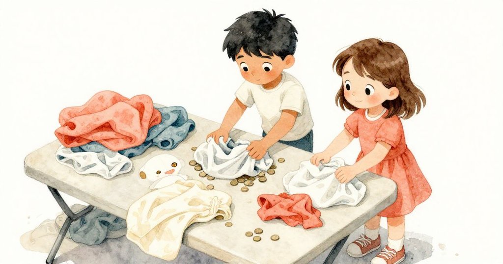 從上方俯視折疊桌，哈里斯和奧莉芙蹲下來尋找硬幣和毛巾，場景充滿緊張且細膩的家居細節。