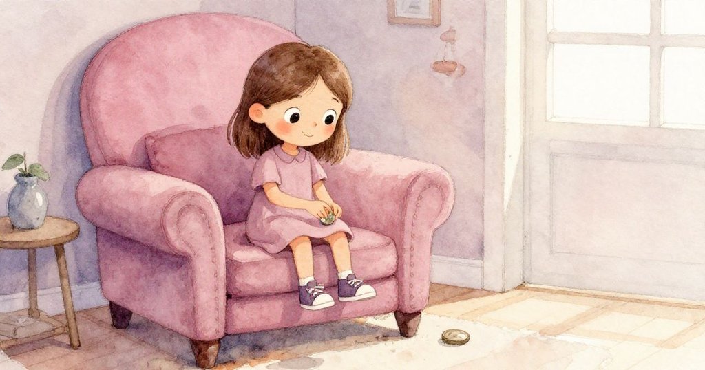 奧莉芙在舊舊的扶手椅旁發現了一枚硬幣，小心地拂去灰塵，露出驚喜與柔和的家居角落。