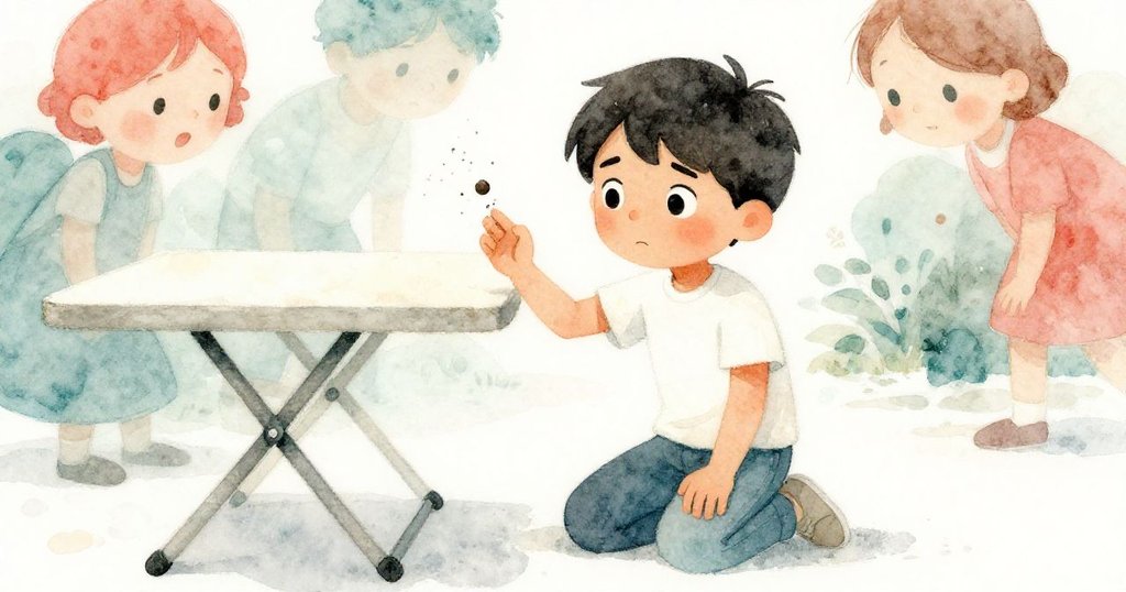 哈里斯蹲在折疊桌下，細心搜查時硬幣滾出，灰塵飛揚場景動作明顯，表現了家中努力與轉機。