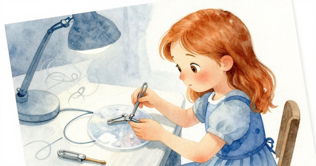 珍珠專注地將銀色夾子安裝在透明圓盤上,弧形灰藍纜繩盤繞軸心,工作台細節豐富,呈現細膩動作