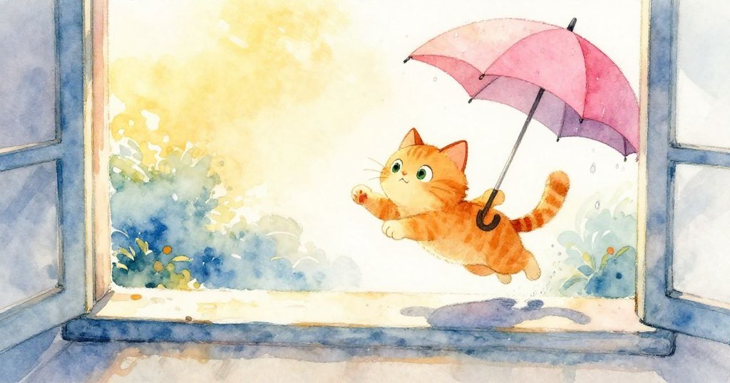 窗邊高角度呈現橙色貓咪躍起推動濕潤雨傘,陽光灑落,動作俏皮且充滿活力