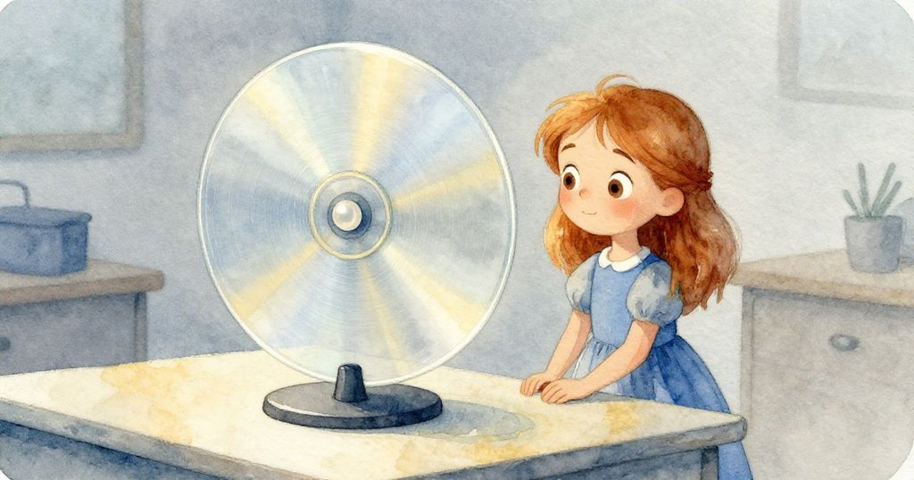 最終場景展現透明圓盤與陀螺輕觸碰撞,珍珠靜觀結果,背景細節豐富,氛圍平靜而圓滿