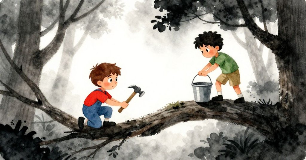 Atlas跪在粗糙樹枝交匯處，伸手取槌子；Dorian平衡於高點旁，桶隨風搖晃，森林中情緒緊張且充滿動感。