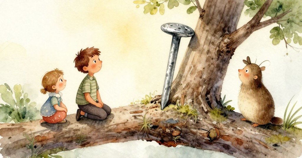 Atlas專注地用槌子敲釘子，手指細節清晰展現木板紋理與滲出的樹脂，情緒專注且細膩。