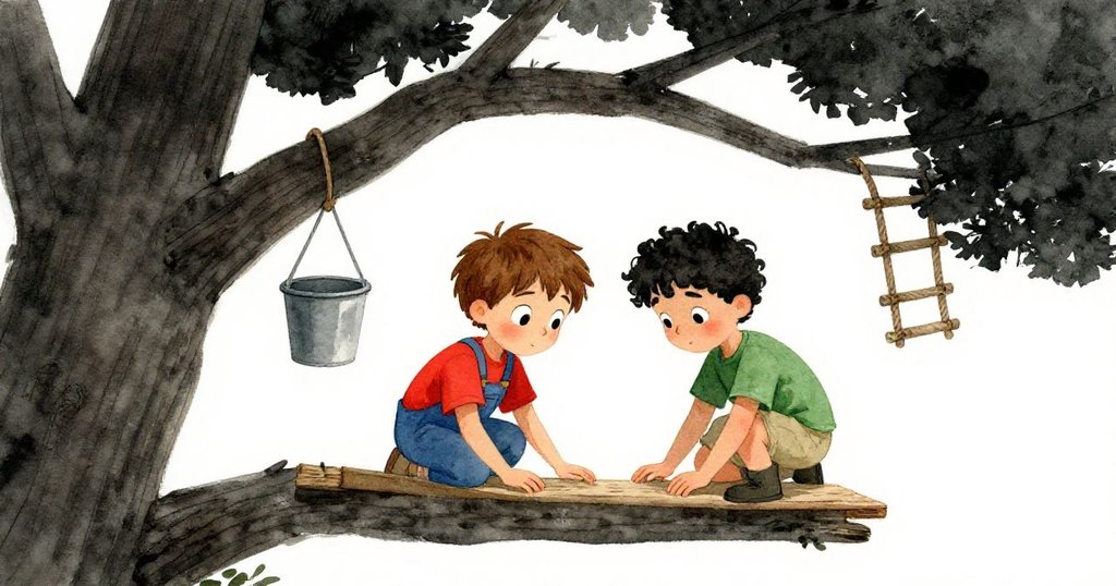 Atlas與Dorian協作修整木板，桶與繩梯在背景中搖曳，層次豐富的樹枝環繞下，充滿專注與合作的氣氛。