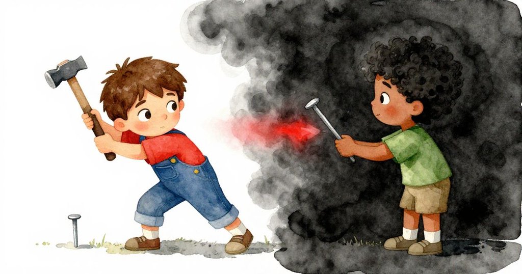 Atlas專注敲釘子，畫面一半呈現現實細節；另一半浮現Dorian遞出鑿子的溫柔記憶，兩種情境交織，寓意深遠。