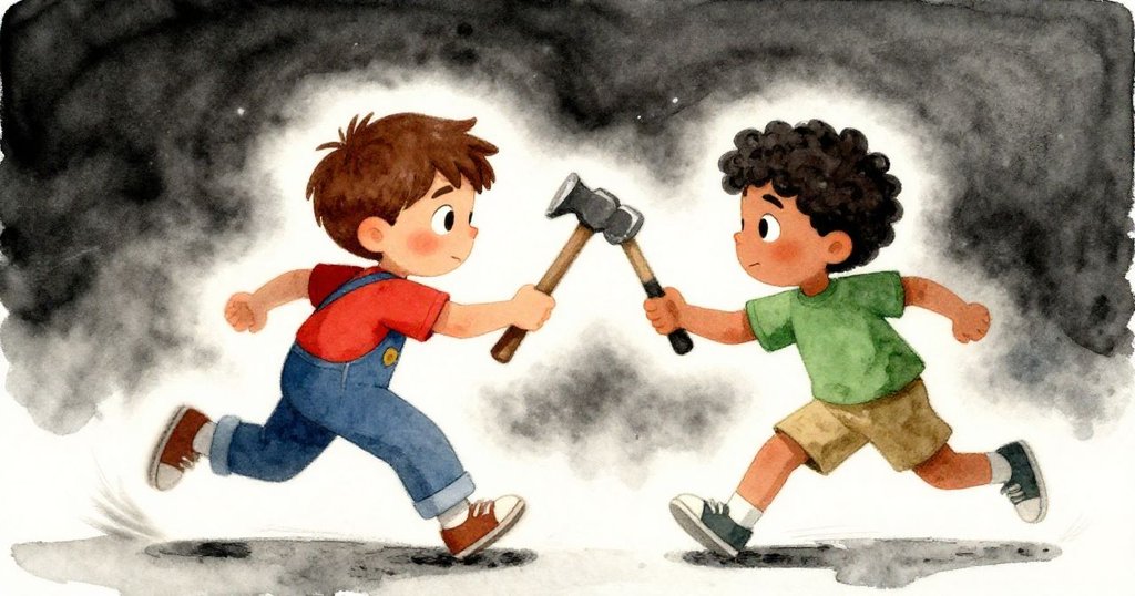 Atlas與Dorian迅速換槌子，動作充滿緊迫感與節奏感，臉上寫滿專注與急切，背景光影交錯。