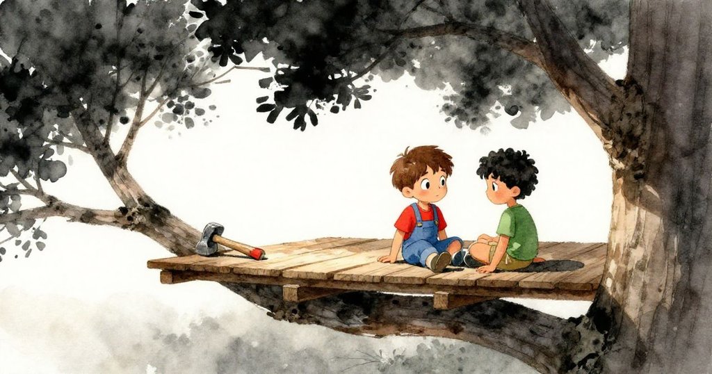 完成的木板整齊排列於樹枝上，Atlas與Dorian靜立分享成就感，槌子靜臥枝旁，夕陽灑落帶來寧靜意境。