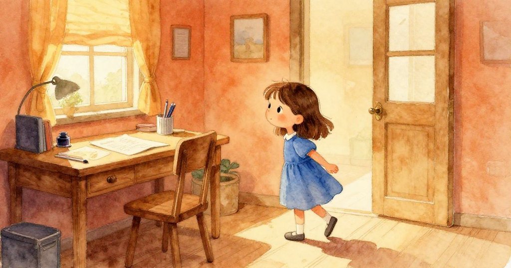 窗外晨光灑入溫馨書房，Keira好奇走向桌上滴墨筆杯，桌上散落文件呈現家庭溫暖氛圍。