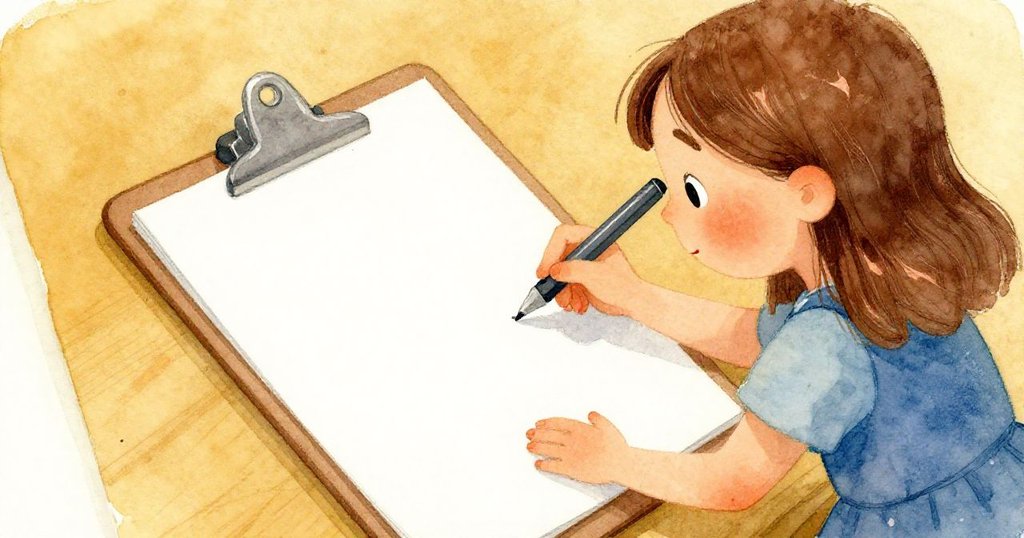 Keira專注測量空白簽名線並試畫迴圈，傾斜構圖強調筆和紙細節，室內微塵與淡墨氣息營造出細膩情感。