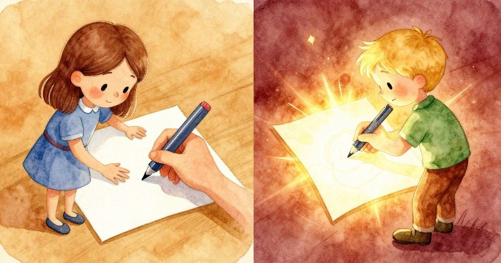 Keira與Dale雙手齊心為文件簽名，畫面左實景略顫，右側理想化光暈流露決心與溫暖情懷。