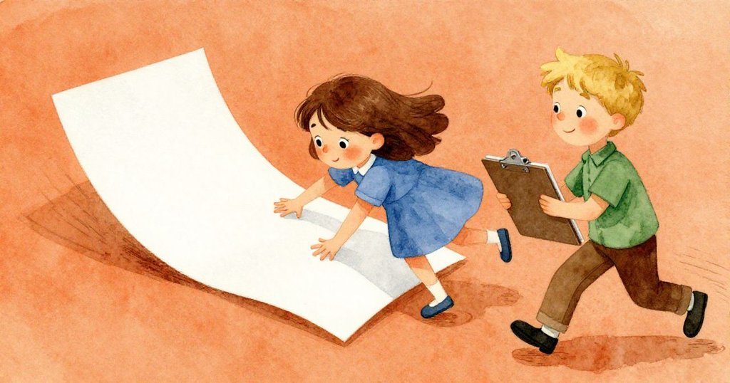 在溫暖室內，浮動的登記頁引起Keira急速按壓，Dale穩固托住文件，動態留痕展現緊張卻協作的情景。