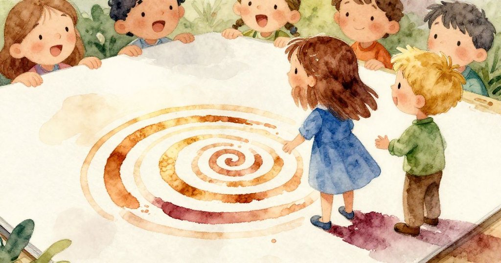 柔和餘暉中，桌上完成的簽名與乾漬螺旋線展現努力成果，Keira與Dale臉上浮現滿足與驕傲之情。