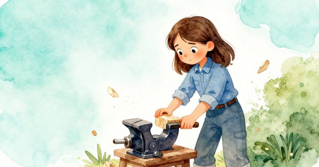 Gemma在寬敞工坊中專注操作鉗子推動松木塊,背景留白突出細節,淡藍與綠色調襯托沉穩情緒。