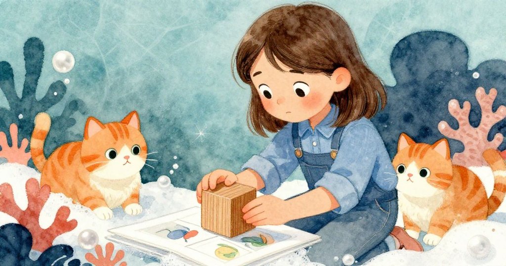 透過大窗戶,Gemma專注檢視作品,窗外橙色虎斑貓警覺注視,室內外光影交錯呈現溫暖工坊氛圍。