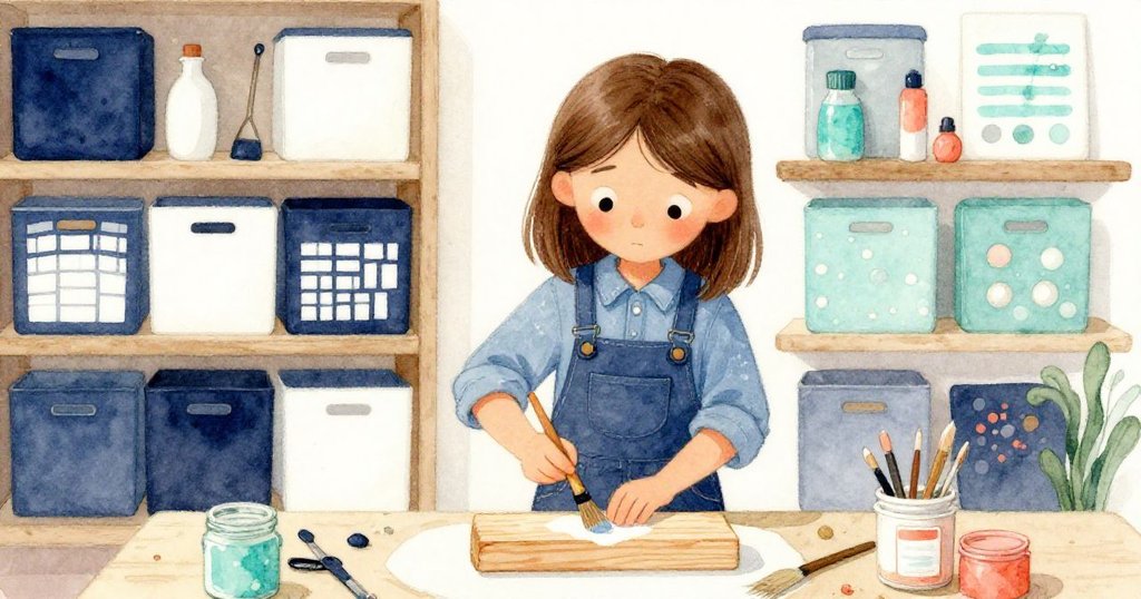 Gemma在整齊儲藏室中細心修飾松木塊,手持刷具與油罐專注工作,背景掛滿工具與紙張,展現堅定決心。