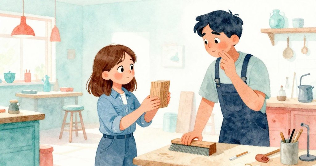 Gemma與Pierce在工坊中互動,Gemma展示修整完的木塊,Pierce從掃除中停下欣賞,溫暖室內充滿合作與滿足感。