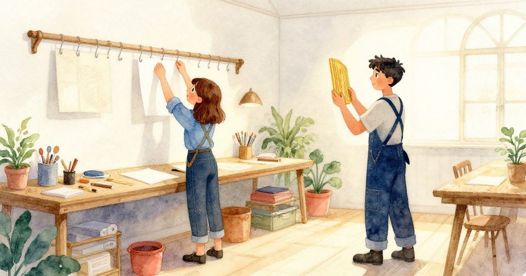 Gemma與Pierce在整潔工坊中重聚,Gemma整理紙條掛鉤,Pierce靜靜欣賞金光閃爍的木塊,工作完成感帶來滿足與寧靜。