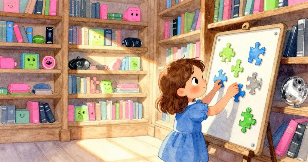 Cora在圖書館中專注拼圖，周圍擺滿書架與點綴著 neon pink 點綴，光影交錯，故事開場情境溫暖。