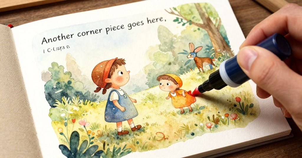 拼圖板上液滴輕流，Cora伸手固定失控的拼圖，打開的地圖書與光影營造故事發展層次豐富。