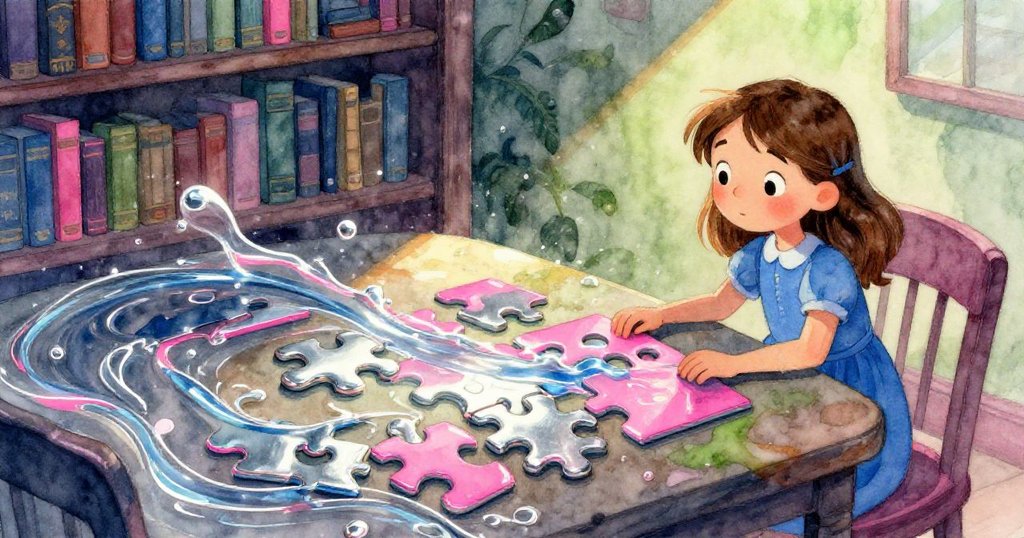 水流輕拂拼圖時，窗光與 neon pink 交錯閃亮，Cora神情略顯驚訝，故事進入高潮，氣氛奇妙。