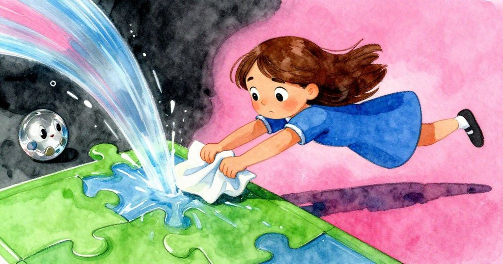 Cora急速動作抓取吸水布，迅速按壓桌上流動的水痕，動作充滿緊迫感，故事達到高潮。