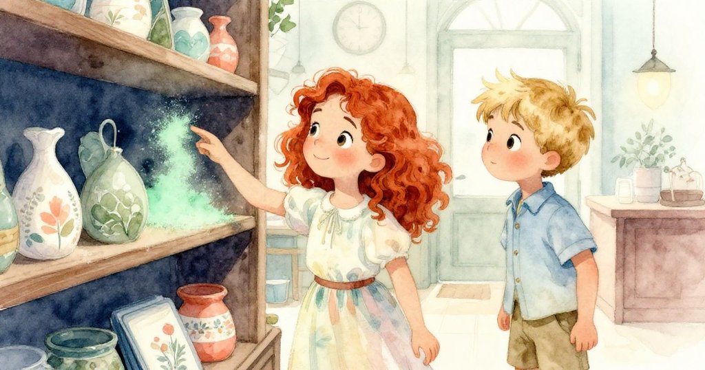 Flora輕觸綠塵，Luke好奇旁觀，兩人站在精緻光亮的木架前，細緻顯示塵跡和木紋質感，充滿探索情緒。