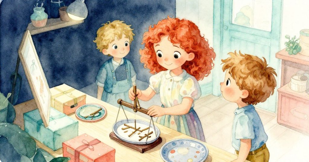 從高角度看Luke在打量電子秤上放置木棒，Flora注視指針變動，背景呈現木質櫃台與柔光影，情緒專注細膩。