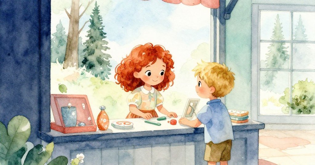 Flora與Luke在包裝櫃前細看物品，透過窗外可見雪松樹影與藍天，室內外光影交錯，氣氛清新溫暖。