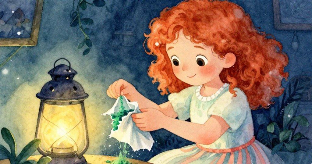 Flora專注用手捏緊漏粉破損的綑綁物，柔和燈光映照細節，臉上流露出驚奇與謹慎，情境緊張而溫暖。