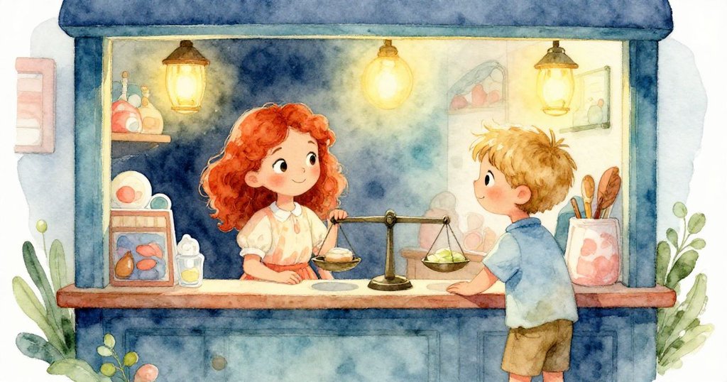 Flora與Luke在包裝櫃邊露出輕鬆微笑，精密秤盤平衡定格，溫暖光影環繞著彼此，完成精心測量之任務。